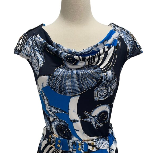 Cache Blue/Black Seashell Dress M Cap Sleeve Belted Elegant Stylish Summer Chic - Picture 4 of 12